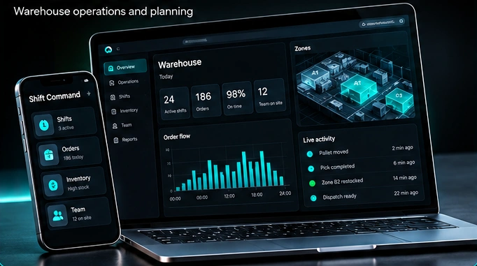 Illustrative Shift Command laptop and phone dashboard concept